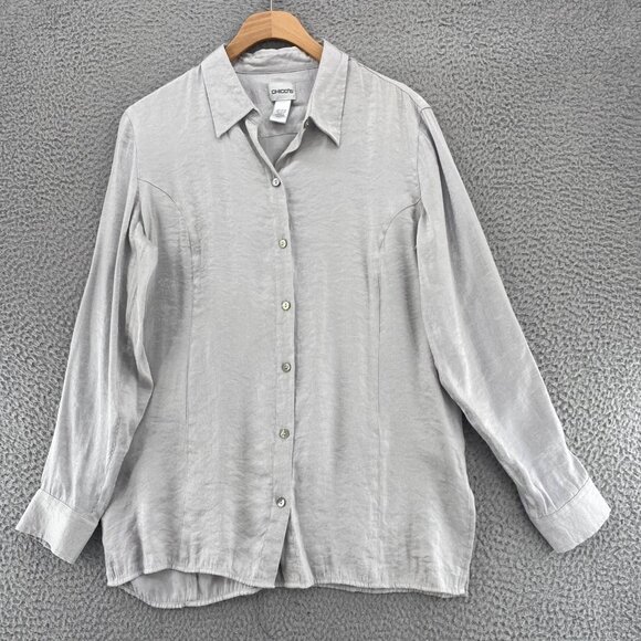 Chicos Shirt Womens 1 US Medium Silver Shimmer Button Up Collared Long Sleeves - Picture 1 of 9